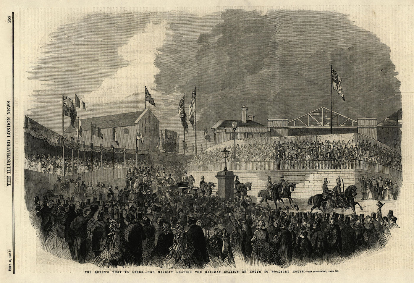 Queen Victoria leaving Leeds railway station for Woodsley House. Yorkshire 1858